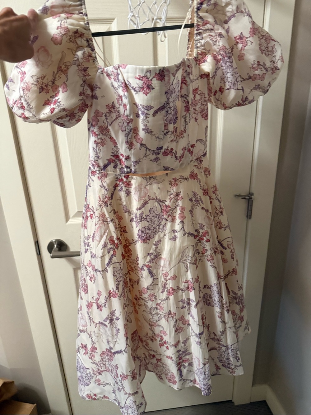 RW&CO. Cream Floral Puff-Sleeve Dress with Pink & Purple Print